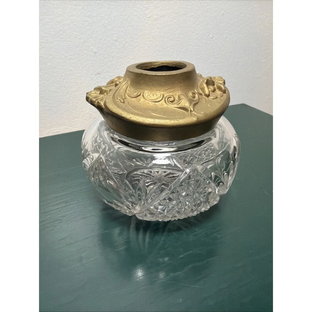Art Nouveau Crystal Hair Receiver w/ Brass Tone Ornate Lid Edwardian Vintage